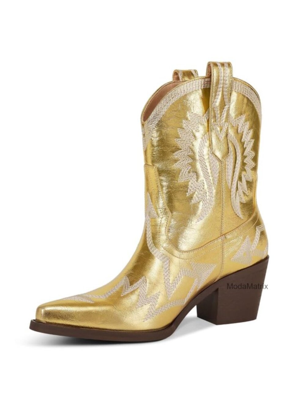 Western Ankle Cowboy Boots Chunky Pointed Toe Wide Calf Metallic PU